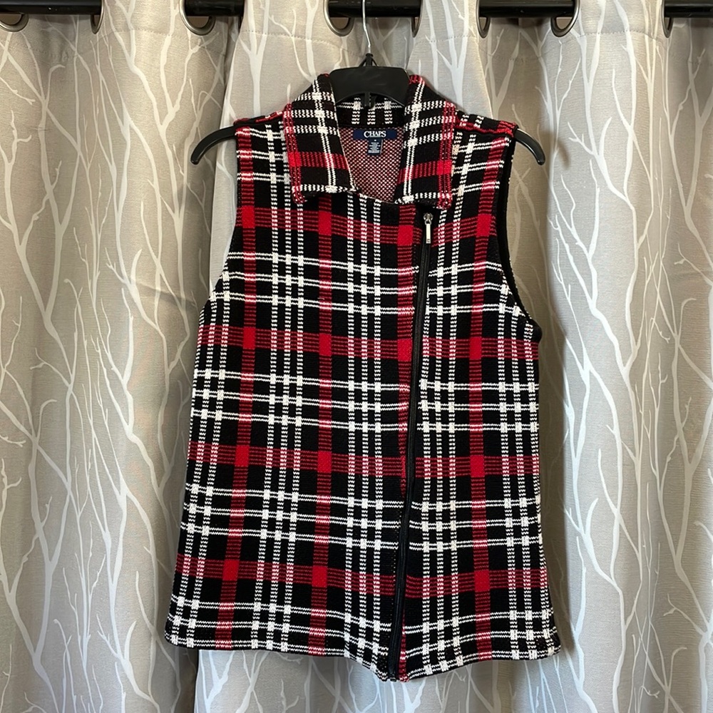 Chaps ladies vest size M side zip black/red/white plaid all cotton.